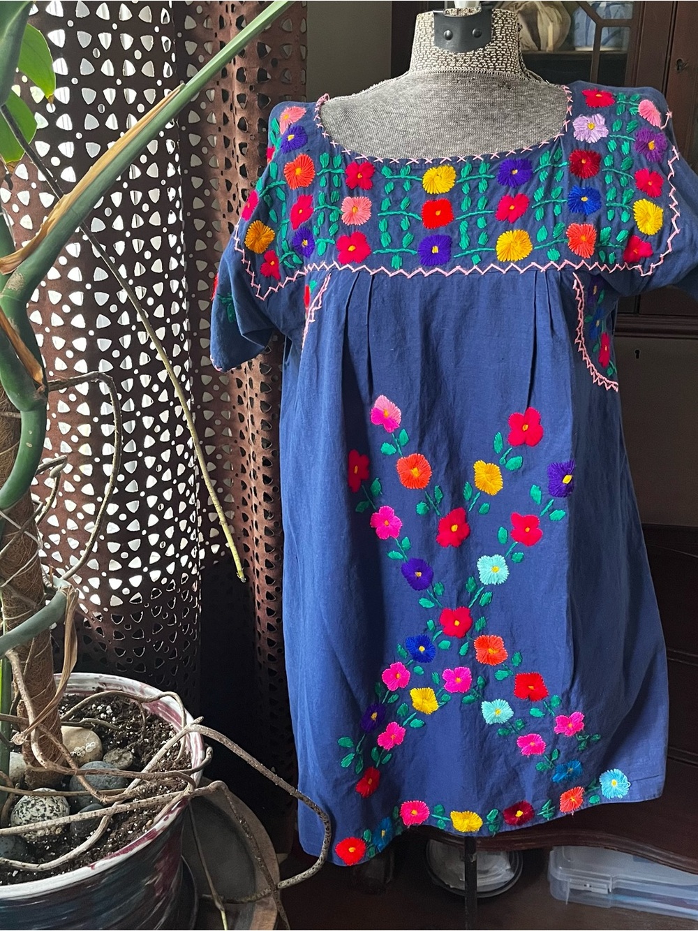 Hand-Embroidered Navy Mexican Peasant Dress with Colorful Floral Motif